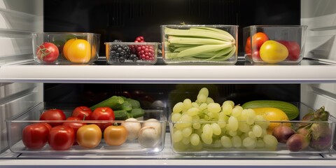 scrubbed and spotless refrigerator interior, fresh produce and neatly arranged containers after thorough cleaning session, concept of Sanitary Maintenance, created with Generative AI technology