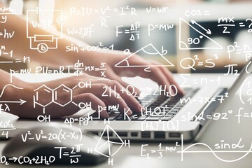 Double exposure of scientific formula with hands typing on computer