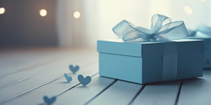Blue gift with hearts for anniversary, birthday, father's day, holiday concept, image created with AI