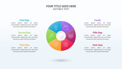 Circle Infographics with Editable Text, Six Steps, and Business Icons on a 16:9 Ratio Layout for Business Advantages and Disadvantages, Business Goals, Business Reports, and Website Design.