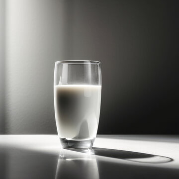 A minimalist shot of a simple glass of milk on a white background, perfectly illuminated to showcase the purity and natural beauty of the drink.
