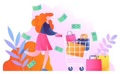 Shopaholic with bags. Young girl with basket runs and loses banknotes. Psychological problems and addiction. Character wasting money buy different goods. Cartoon flat vector illustration