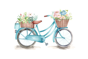 Fototapeta na wymiar Watercolor retro bike with colorful flowers illustration, generative ai,