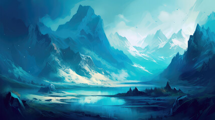 Abstract mountain Background Art Paintings Blue Fantasy. Generative AI