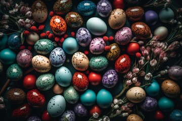 Fototapeta na wymiar Top view of multicolored Easter eggs forming a background. Generative AI