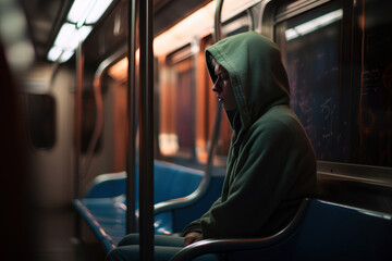 A sad person wearing a hoodie sitting on a train. AI generative image Depersonalisation. - Powered by Adobe