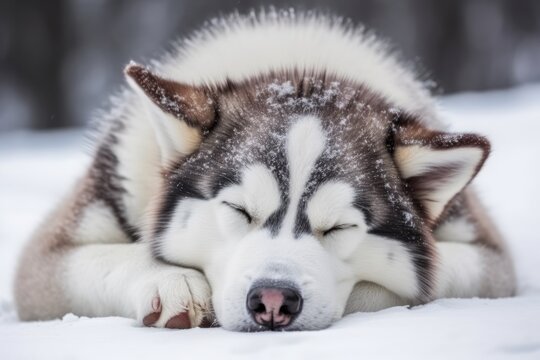 sleeping husky dog in a snowy landscape. Generative AI
