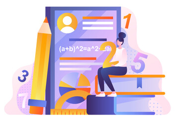 Mathematician woman concept. Young girl with number in hands sitting on book next to textbook, large pencil and ruler. Student solves equation, does homework. Cartoon flat vector illustration