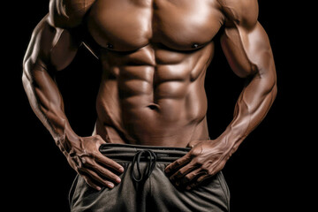 Male abdominal muscles, Bodybuilder shows abs, Dark background, High quality Generative AI