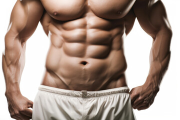 Fototapeta na wymiar Male abdominal muscles, Bodybuilder shows abs, White background, High quality Generative AI