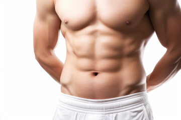 Male abdominal muscles, Bodybuilder shows abs, White background, High quality Generative AI - obrazy, fototapety, plakaty