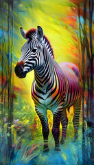 Oil painting of rainbow infused fruit stripe zebra, vibrant and mesmerizing, natural sunlight, vivid colors transitioning along the stripes, standing gracefully in a prismatic grassland.