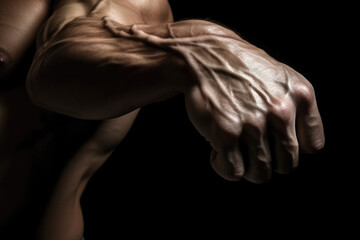 Obraz na płótnie Canvas Tense arm closeup with veins, bodybuilder muscles on a dark background, generative ai