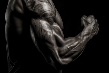 Obraz na płótnie Canvas Tense arm clenched into fist, veins, bodybuilder muscles on a dark background, generative ai