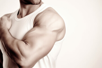 Fototapeta na wymiar Tense arm closeup with veins, bodybuilder muscles on a white background, generative ai