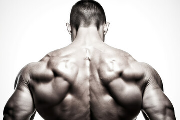 Fototapeta premium Muscular bodybuilder guy back, over white background, generative ai