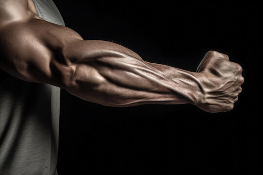 Tense arm clenched into fist, veins, bodybuilder muscles on a dark background, generative ai