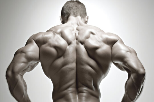 Muscular bodybuilder guy back, over white background, generative ai