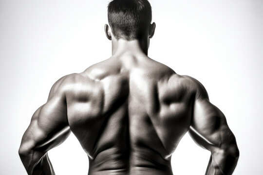 Muscular bodybuilder guy back, over white background, generative ai