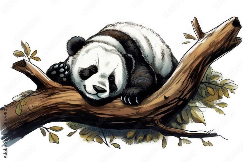 Poster sleeping panda on a tree branch. generative ai
