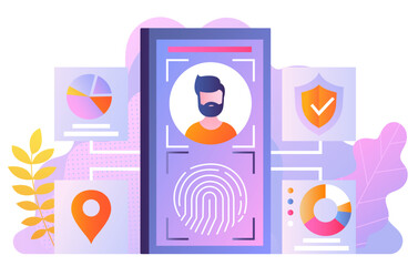 Biometric identification concept. Man logs in to account or profile, gets access by fingerprint of puzzle. Security and protection of personal data on Internet. Cartoon flat vector illustration