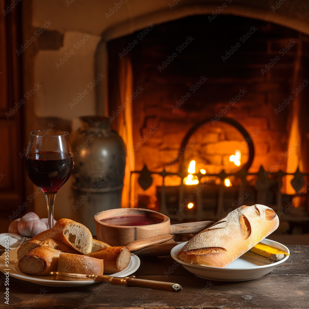 Poster a table topped with bread and a glass of wine. ai generative image