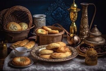 delicious meal on a table with a basket of cookies on the side. Generative AI