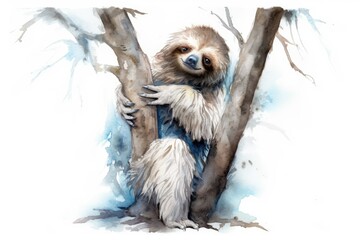 sloth resting on a tree branch, painted with watercolors. Generative AI