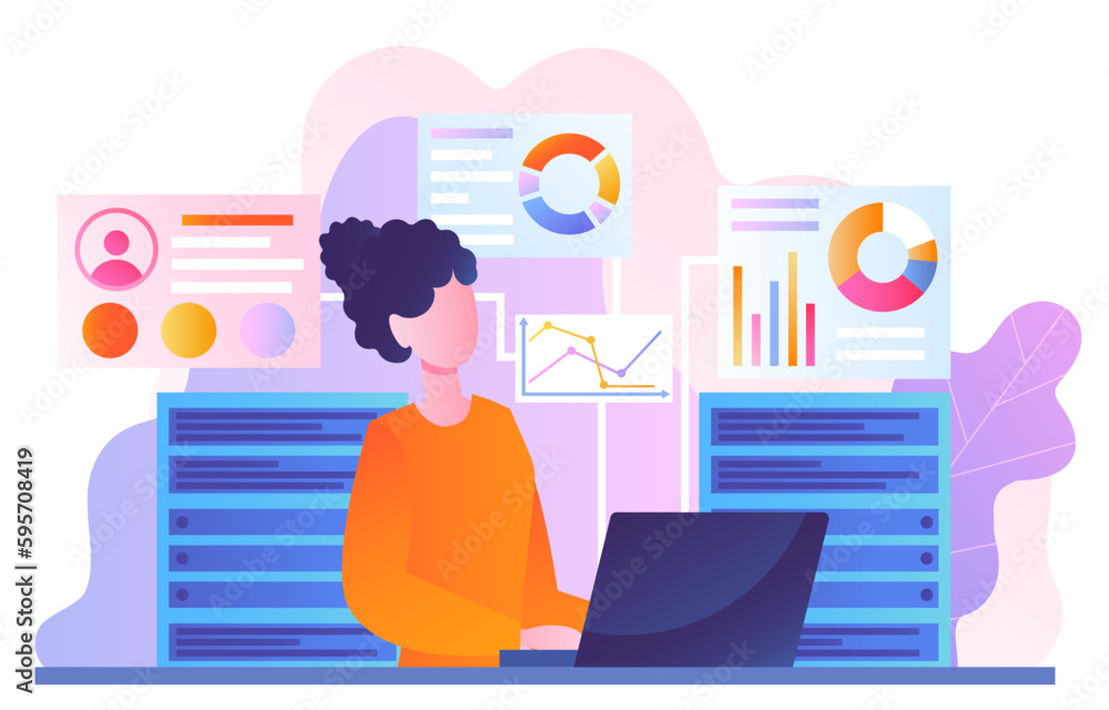 Poster data base administrator. woman with laptop on background of graphs and charts. programmer and it spe