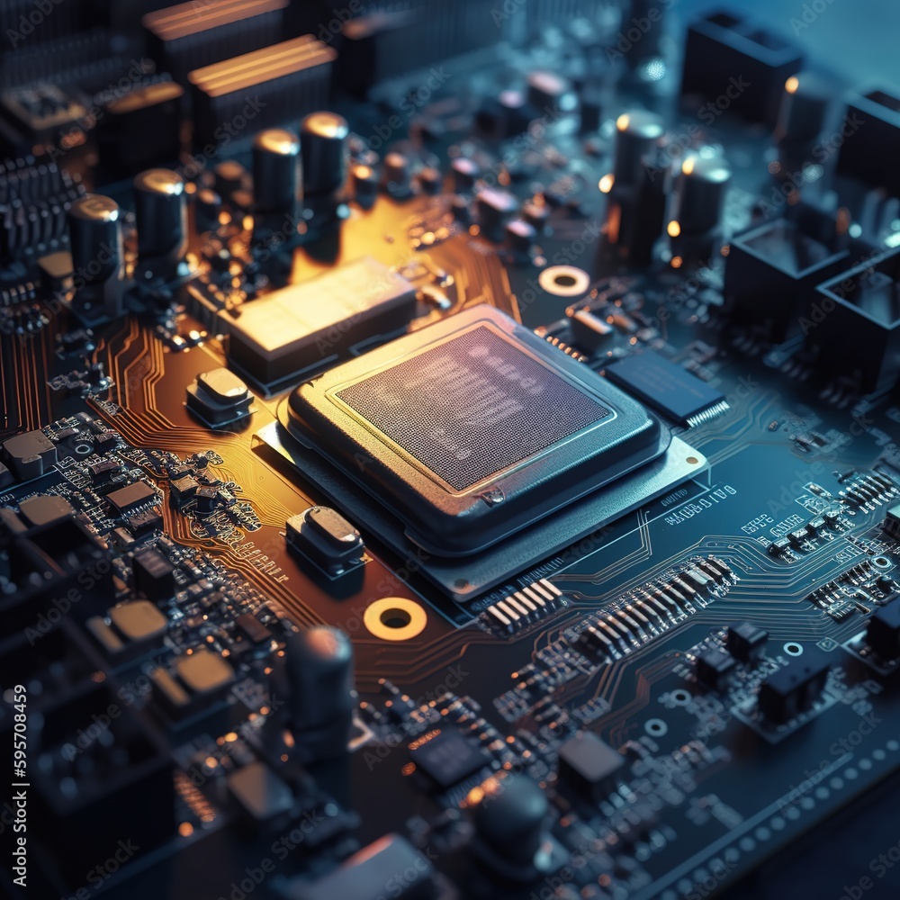 Poster circuit board with microchip, technology abstract, and motherboard. cyber technology, cloud computin