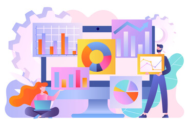 Data analysis concept. Man and woman with laptop analyze graphs, diagrams and charts. Marketing research and brainstorming. Infographics and data visualization. Cartoon flat vector illustration