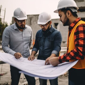 Construction team, and site building job for architect and contractor working together on safety vision and project development. generative ai