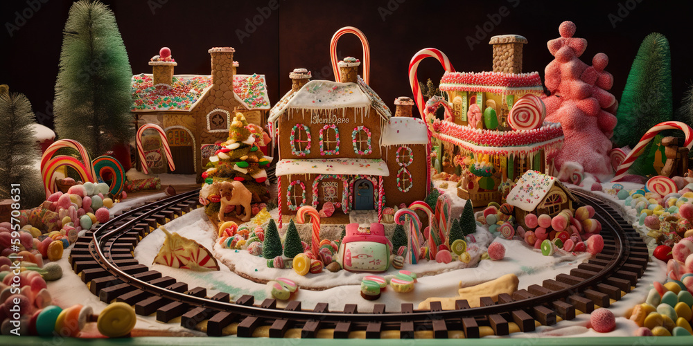 Aufkleber a train track with a christmas display on top of it. ai generative image