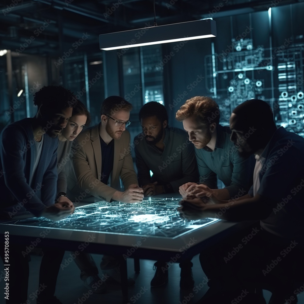 Aufkleber engineers, scientists, and developers congregated around illuminated conference table in technology 
