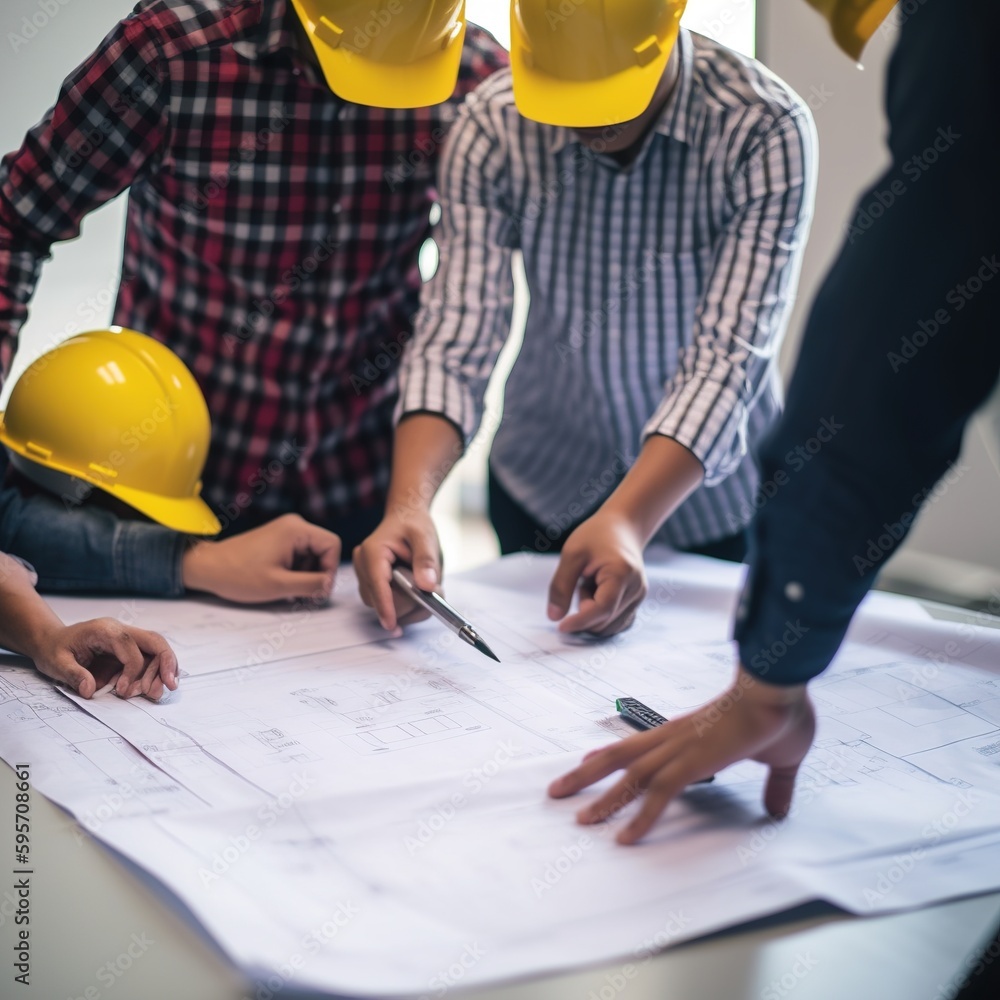 Aufkleber engineer teamwork meeting, drawing working on blueprint meeting for project, working with partner on