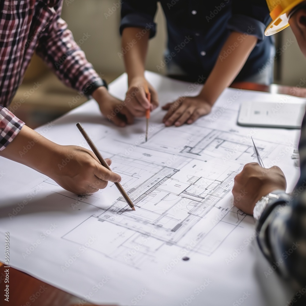 Poster engineer teamwork meeting, drawing working on blueprint meeting for project, working with partner on