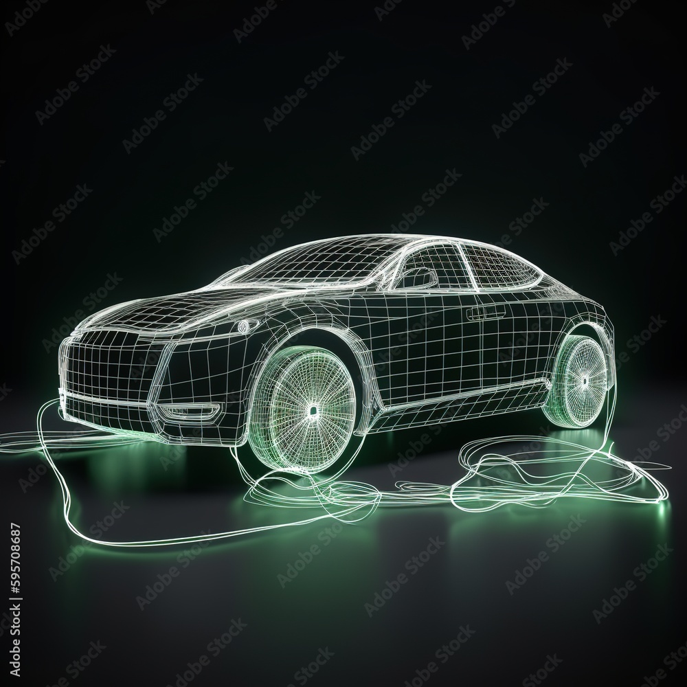 Canvas Prints EV Car or Electric vehicle at charging station with the power cable supply plugged Eco-friendly sustainable energy concept. Wireframe light connection structure. generative ai