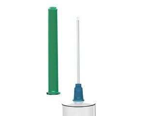 Syringe needle with blue base and green needle cap - closeup shot