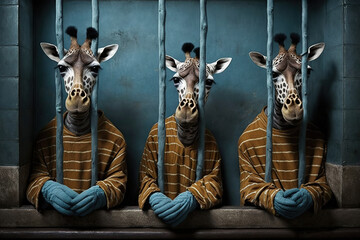 Sad giraffes dressed as prisoners sit in prison, , created with Generative AI technology - obrazy, fototapety, plakaty