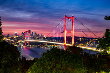 Fototapeta na wymiar Awesome Panoramic view of Istanbul Bosphorus on sunset. Istanbul Bosphorus Bridge (15 July Martyrs Bridge. Turkish: 15 Temmuz Sehitler Koprusu). Beautiful landscape Turkey.