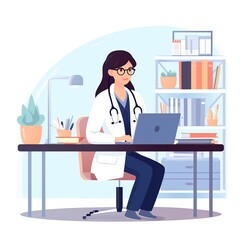 Fototapeta premium Working at the office desk is a female doctor with a laptop. generative ai