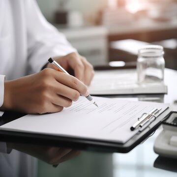 Doctor Writing Prescription on Blurred Clinic Background. generative ai