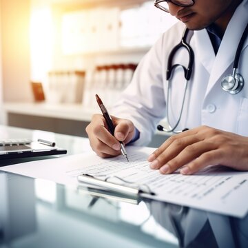 Doctor Writing Prescription - Clinic Blurred Background. generative ai