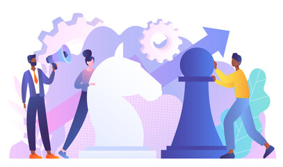 People with chess piece. Metaphor of planning and goal setting. Characters brainstorming and developing business strategy. Leadership and vision for future concept. Cartoon flat vector illustration