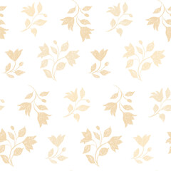 Fototapeta premium Seamless floral pattern, delicate flower ornament with soft rustic motif. Gentle botanical design for fabric, paper: light beige flowers twigs, leaves on a white background. Vector illustration.