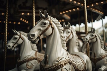 Fototapeta na wymiar White carousel horses in motion. Generative AI