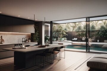 Rendered luxurious apartment kitchen and living area with outdoor pool. Generative AI