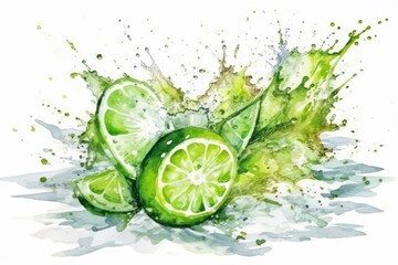 vibrant watercolor painting featuring a slice of lime with droplets of water. Generative AI