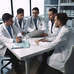 Obraz premium medical team meeting is taking place, with doctors dressed in white lab coats and surgical scrubs seated at a table discussing a patient's records. medical treatment. generative ai