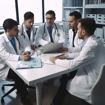 medical team meeting is taking place, with doctors dressed in white lab coats and surgical scrubs seated at a table discussing a patient's records. medical treatment. generative ai